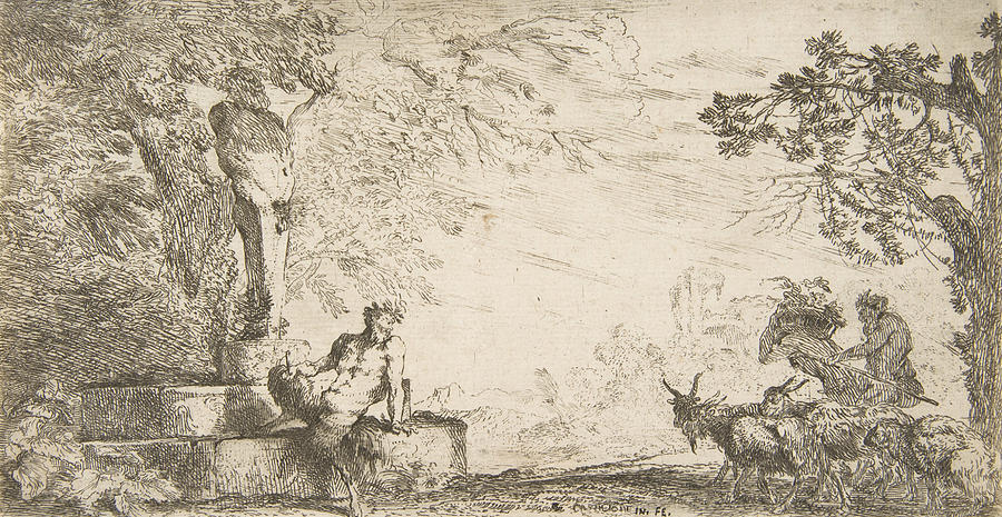 A satyr reclining at the foot of a staute of Priapus, goats at the right Relief by Giovanni Benedetto Castiglione