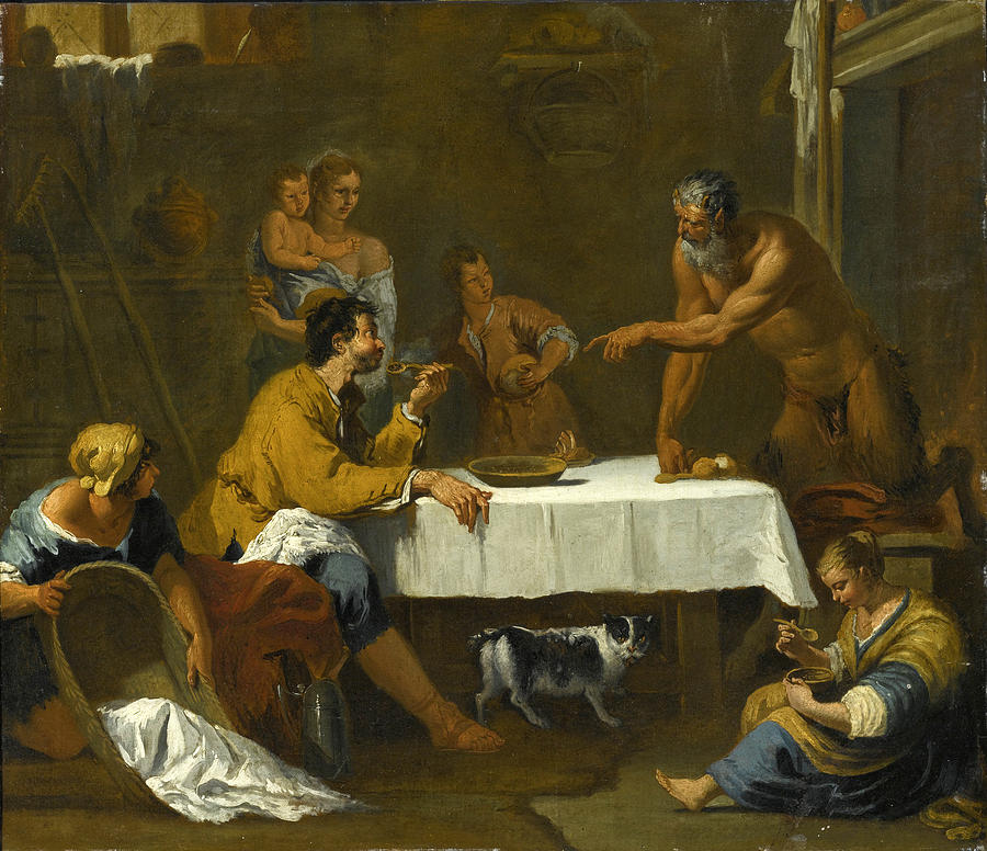 A scene from Aesops fable. The Satyr and the Peasant Painting by Attributed to Sebastiano Ricci