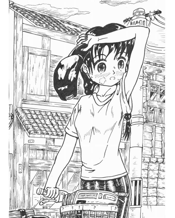 Pen Drawing - A schoolgirl delivering newspapers by Hisashi Saruta