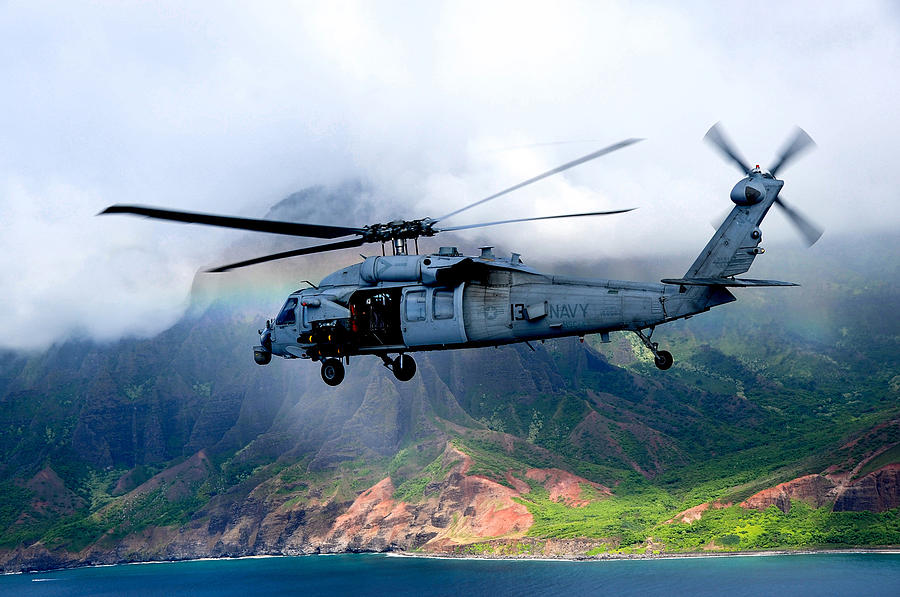 Sailors Painting - A Sea Hawk helicopter flies off coast of Kauai by Celestial Images