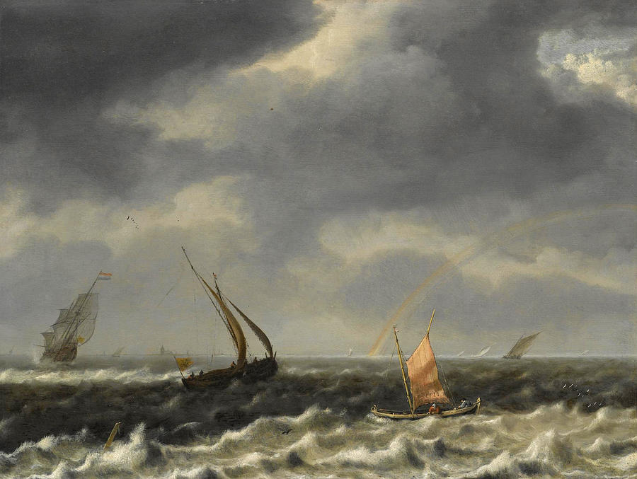A Seascape with Dutch Shipping Vessels in Choppy Seas and a Rainbow in the Distance Painting by Attributed to Arnoldus van Anthonissen