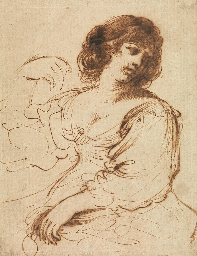 A Seated Young Woman Looking Over Her Shoulder Drawing by Guercino