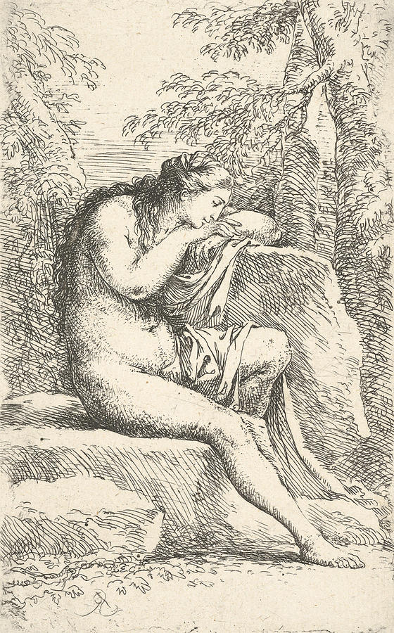 A semi-nude woman seated resting her head on a rock Relief by Salvator Rosa
