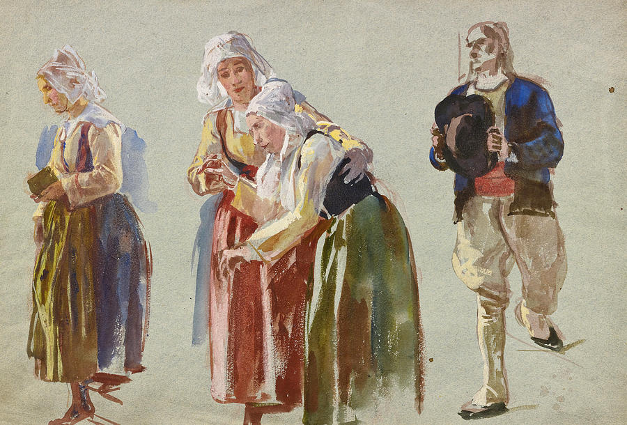 A Sheet of Studies of Brittany Peasants Drawing by Jean-Joseph Benjamin-Constant