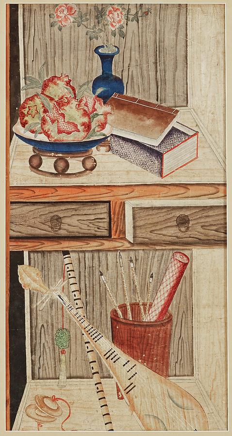 A Shelf With Pomegranates, Flowers, Music Instrument, Brushes And A Book Painting by Eastern Accents