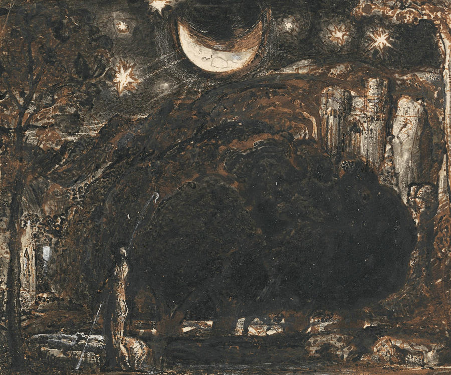A Shepherd and his Flock under the Moon and Stars Drawing by Samuel Palmer