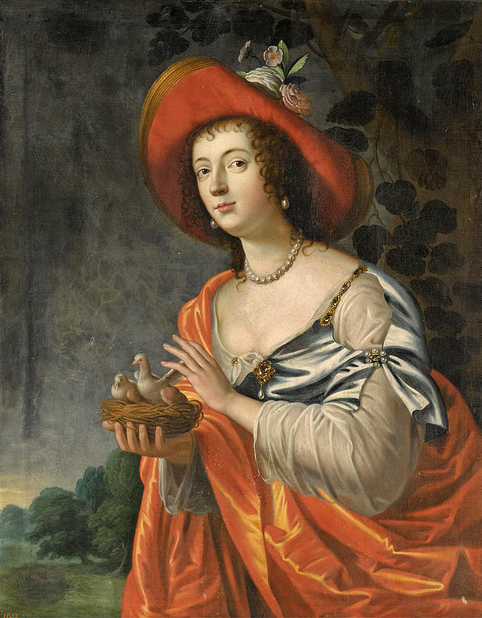A shepherdess holding a nest of doves Painting by After Gerrit van Honthorst