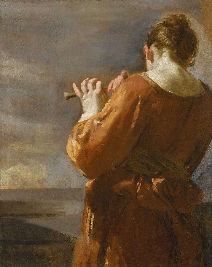 A Shepherdess playing the Flute Painting by Attributed to Giuseppe Maria Crespi