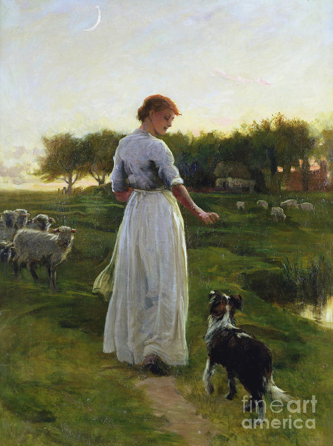 Dog Painting - A Shepherdess with her Dog and Flock in a Moonlit Meadow by George Faulkner Wetherbee