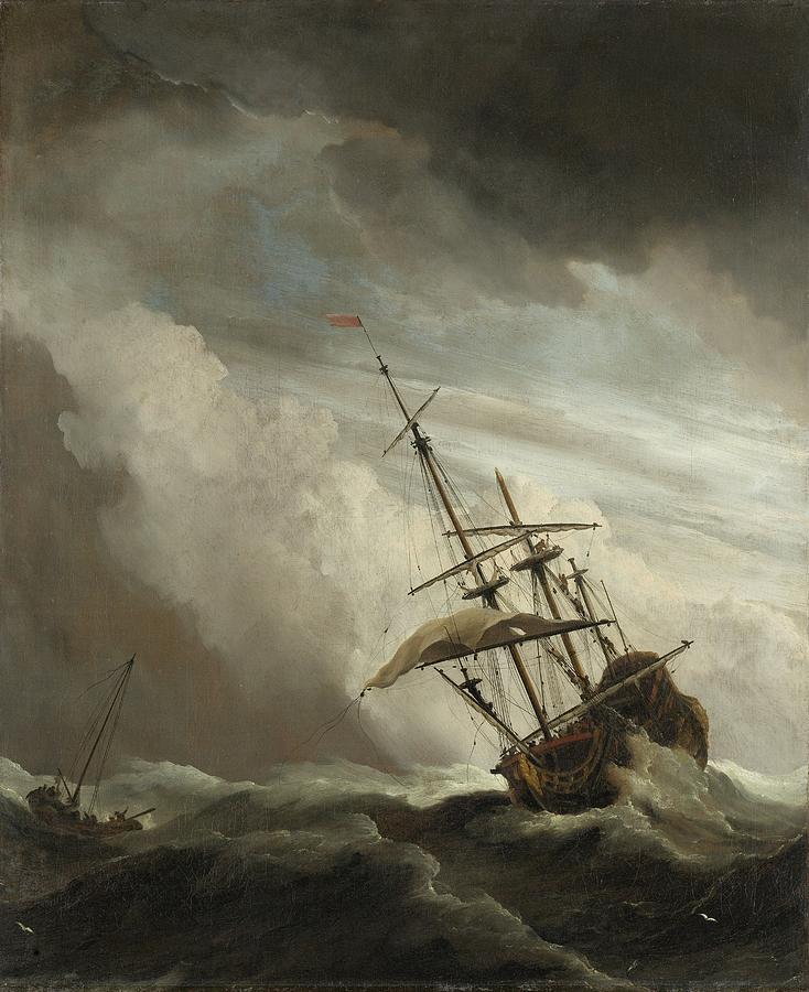 A Ship on the High Seas Caught by a Squall  Known as  The Gust   Willem van de Velde II c  1680 Painting by Vintage Collectables