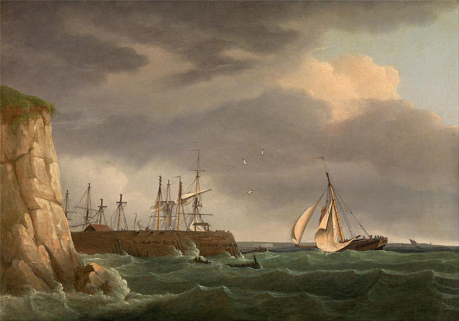 Thomas Whitcombe Painting - A Ship Running into Harbour with Other Craft at a Jetty by Thomas Whitcombe
