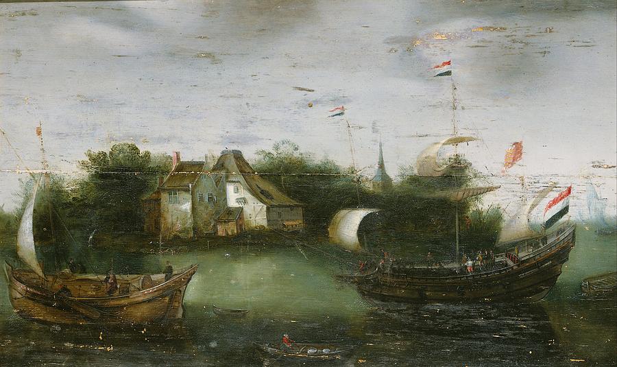 A Ship Sailing on an inland Waterway anonymous  c 1614   c 1630 Painting by Vintage Collectables
