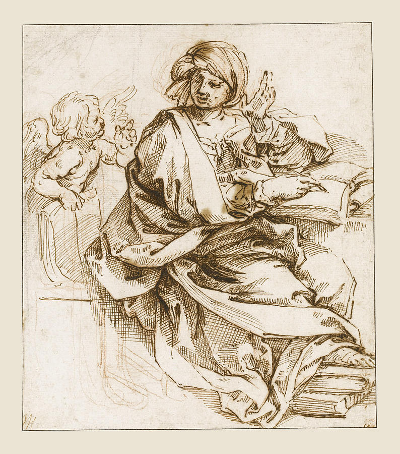 A Sibyl writing a Putto to the left Drawing by Guido Reni
