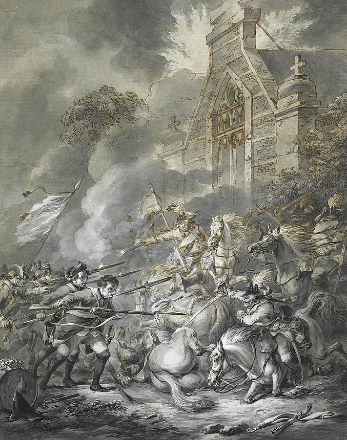 A skirmish between cavalry officers and footsoldiers with Bayonets Drawing by Dirk Langendijk