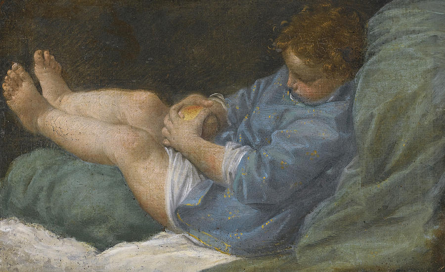 A sleeping boy holding an apple Painting by Donato Creti