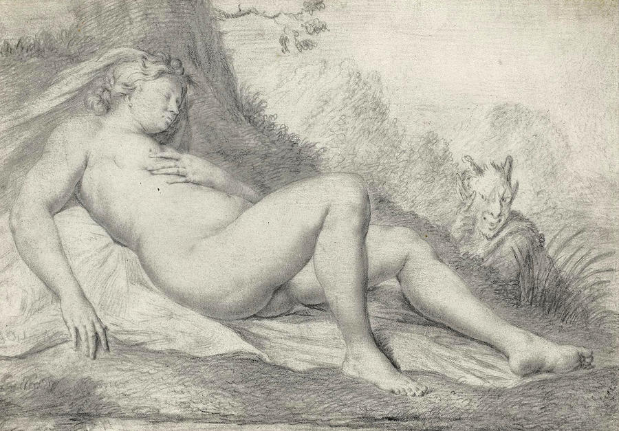 A Sleeping Nymph watched by a Satyr Drawing by Willem van Mieris