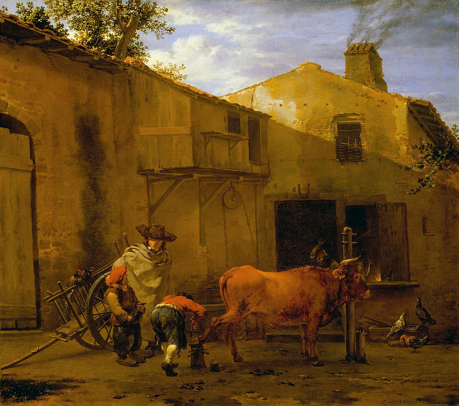 A Smith shoeing an Ox Painting by Karel Dujardin