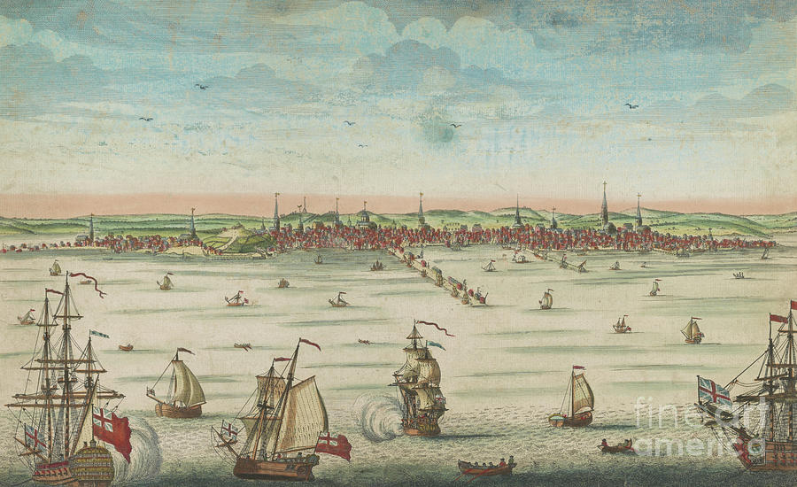 A south east view of the great town of Boston in New England in America, 1730 Painting by John Carwitham