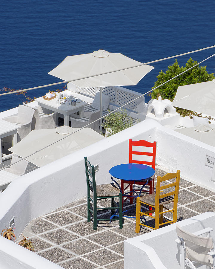 A Splash of Color -- Colorful Table and Chairs in Santorini, Greece Photograph by Darin Volpe