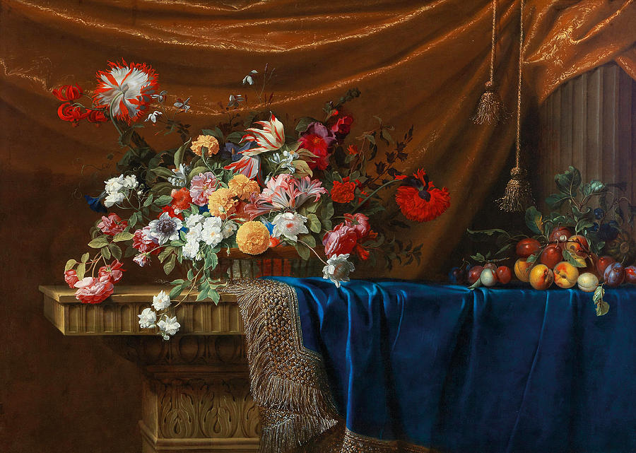 A still life of a basket of flowers and a mound of fruit Painting by Jean-Michel Picart