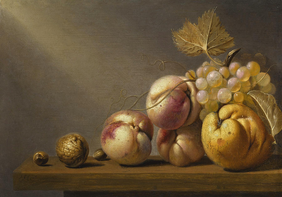 A Still Life of a Quince, Grapes, Peaches, a Walnut, and Hazelnuts on a Wooden Ledge Painting by Harmen van Steenwijck