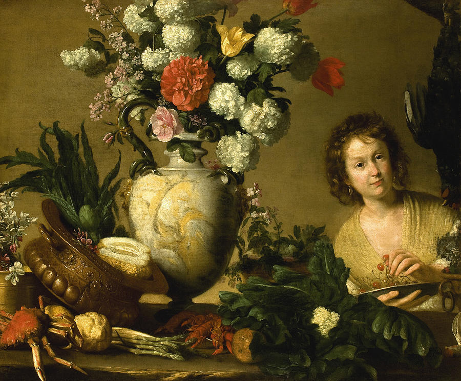 Bernardo Strozzi Painting - A Still Life of Flowers Fruit Vegetables And Seafood On A Ledge With A Figure Holding A Plate by Bernardo Strozzi