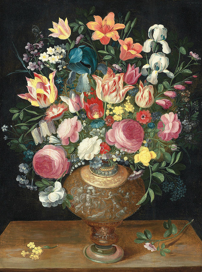 A Still Life of Flowers in a Sculpted Vase Painting by Frans Francken the Younger