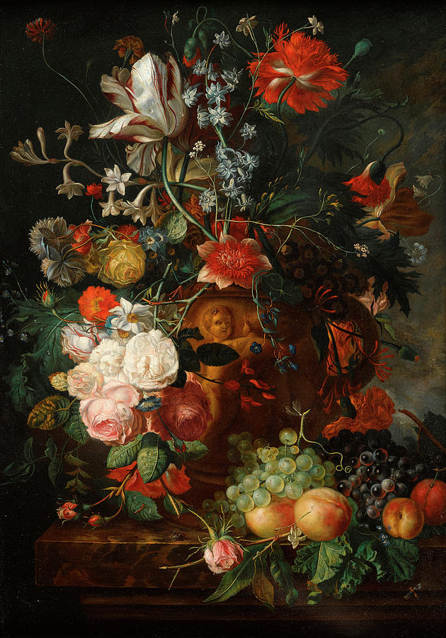 A still life of flowers in a terracotta vase on a ledge Painting by ...