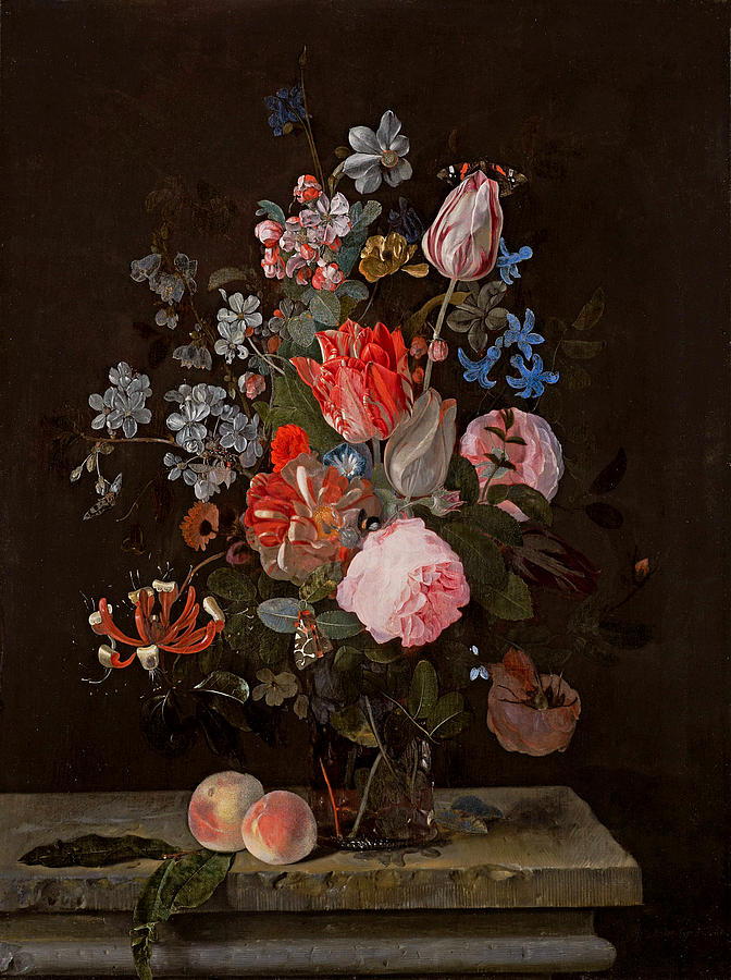 A still life of flowers on a stone ledge Painting by Adriaen van der Spelt