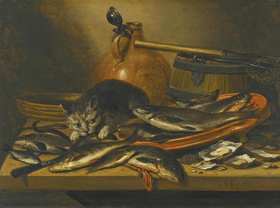 https://images.fineartamerica.com/images/artworkimages/mediumlarge/1/a-still-life-of-fresh-water-fish-with-a-cat-a-bartmannkrug-a-barrel-and-a-small-fishing-net-on-a-tab-pieter-claesz.jpg