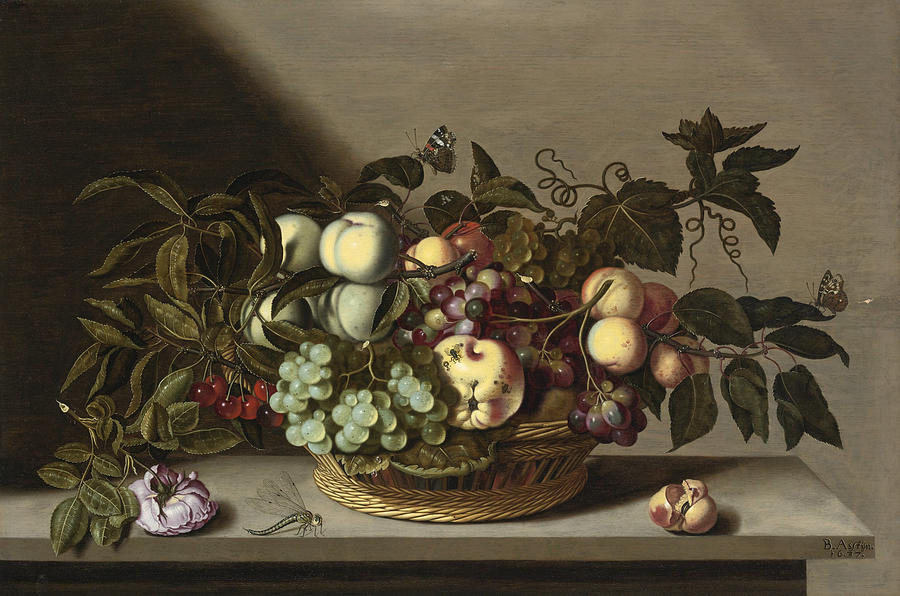 A Still life of grapes cherries peaches and other fruit in a basket with a Rose and a Dragonfly on a Painting by Bartholomeus Assteyn