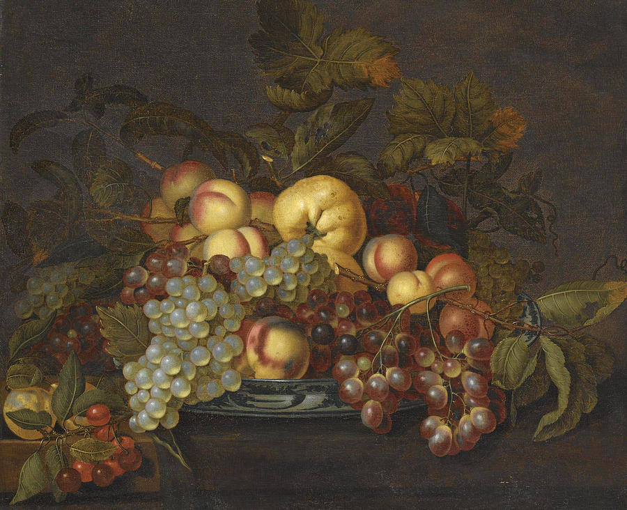 A Still life of grapes peaches and other fruit in a porcelain dish on a partially-draped table Painting by Bartholomeus Assteyn