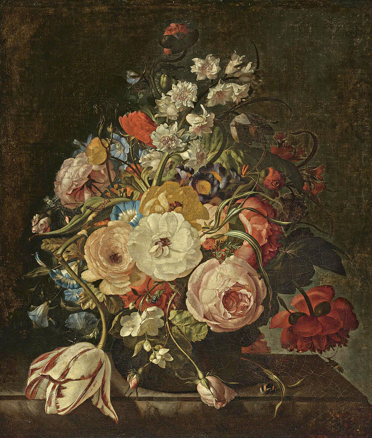 A Still Life of Roses a Tulip Hyacinths Morning Glories and other Flowers in a Vase Painting by Rachel Ruysch