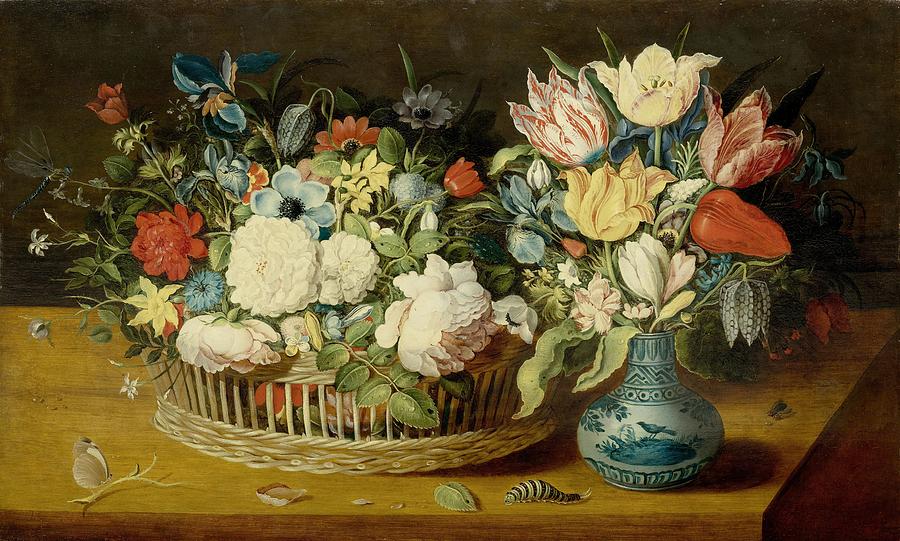 A still life with flowers in a woven basket and a floral bouquet Painting by Celestial Images