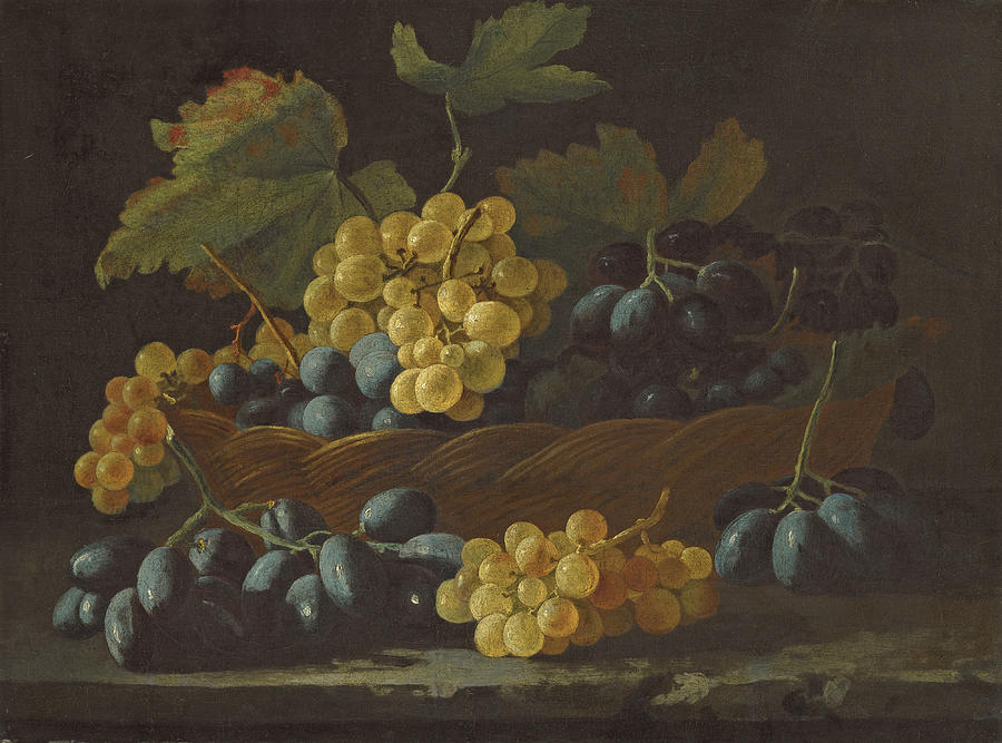 A Still Life with Grapes in a Basket Painting by Roman School