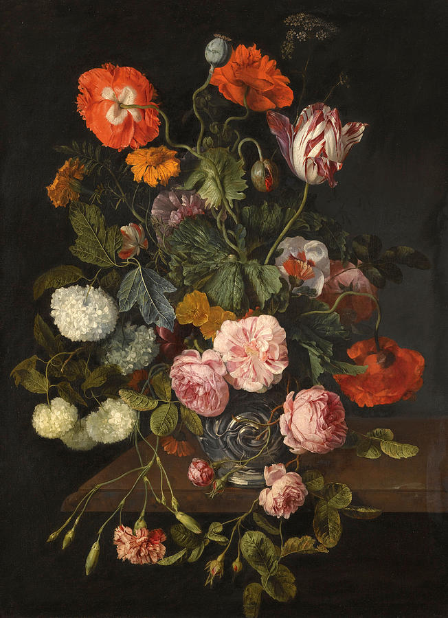 Famous Paintings Painting - A Still Life with Parrot Tulips Poppies Roses Snow Balls and other Flowers in a Glass Vase over a St by Cornelis Kick