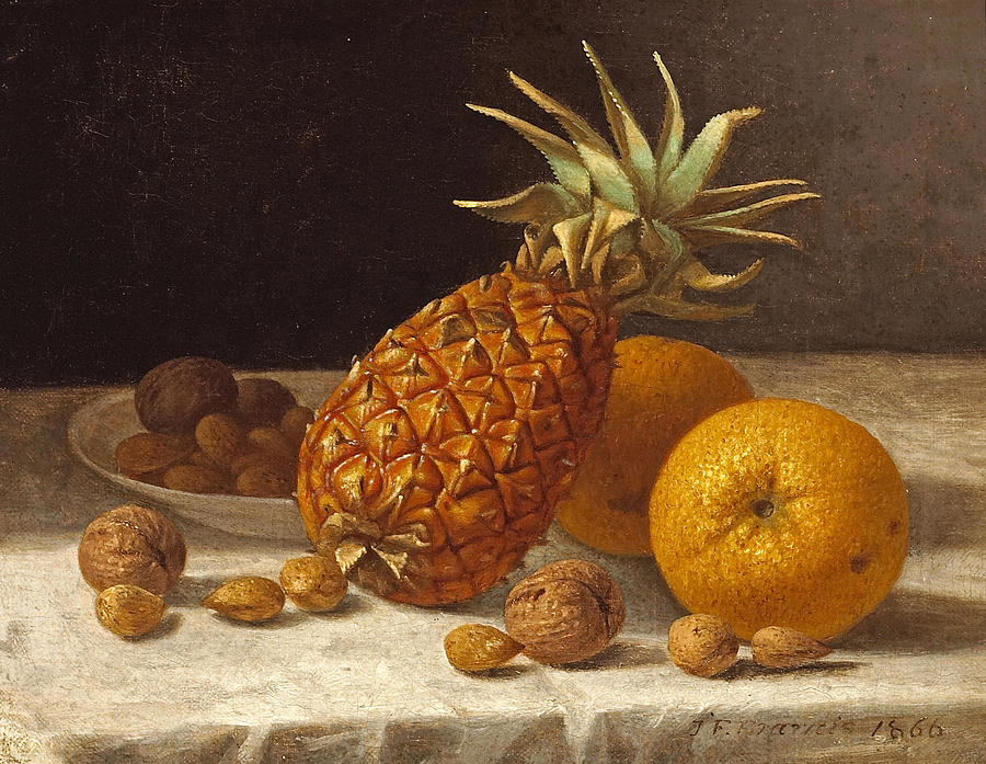 A Still life with Pineapple Oranges and Nuts Painting by John F Francis