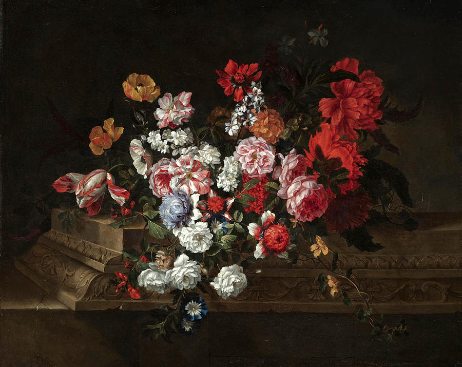 A Still life with roses tulips peonies carnations and other flowers on a sculpted stone ledge Painting by Jean-Baptiste Belin