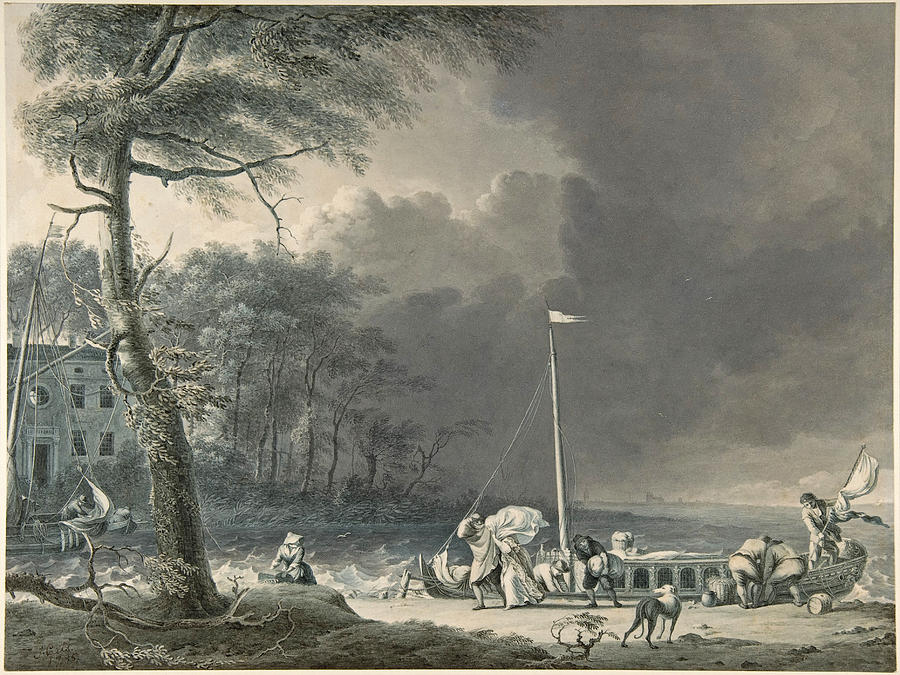 A Stormy Scene with Figures Unloading Boats Near a House on the Waters Edge  Drawing by Jacob Cats
