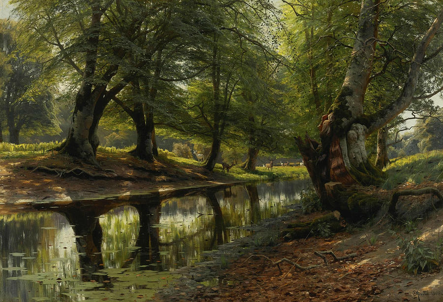 A Stream through the Valley, Deer in the Distance Painting by Peder Monsted