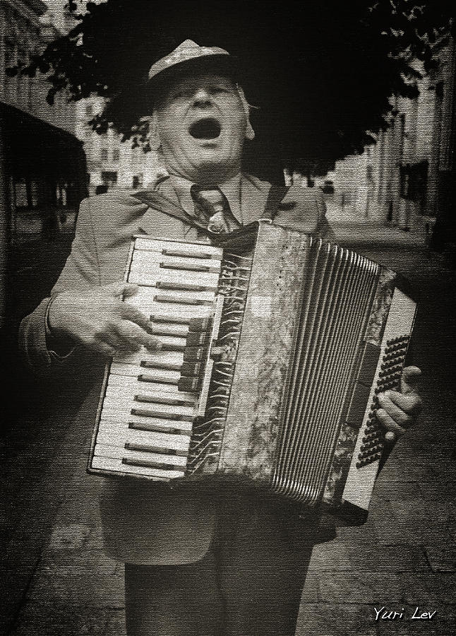 Black And White Photograph - A Street Musician in Lviv, Ukraine by Yuri Lev