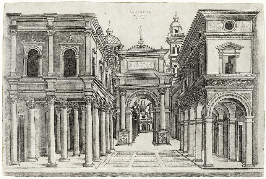 A Street with Various Buildings, Colonnades and an Arch Drawing by Zoan Andrea