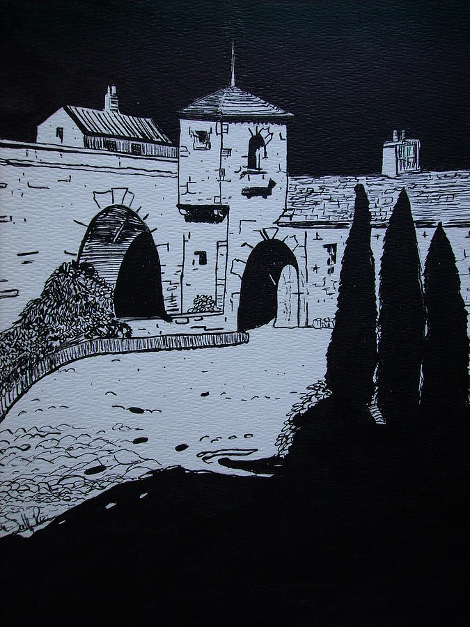 Landscape Drawing - A Study Of A Mission In Black by Karen Salley-Rice Landscape Drawing - A Study Of A Mission In Black by Karen Salley-Rice