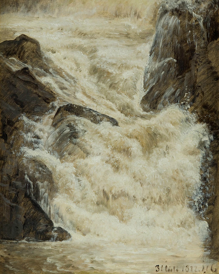 A Study of a Waterfall in Sweden Painting by Janus la Cour