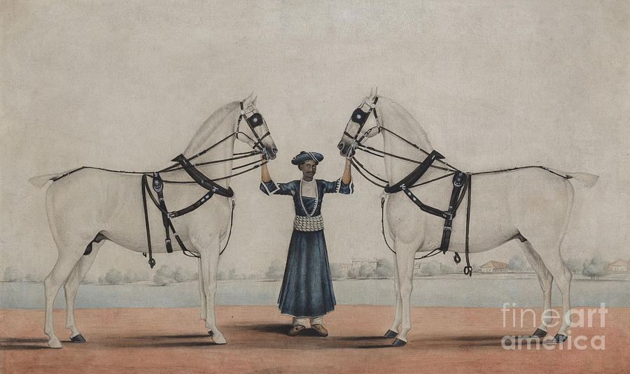 Horse Painting - A Syce, groom, Holding Two Carriage Horses by Shaik Muhammad Amir of Karraya