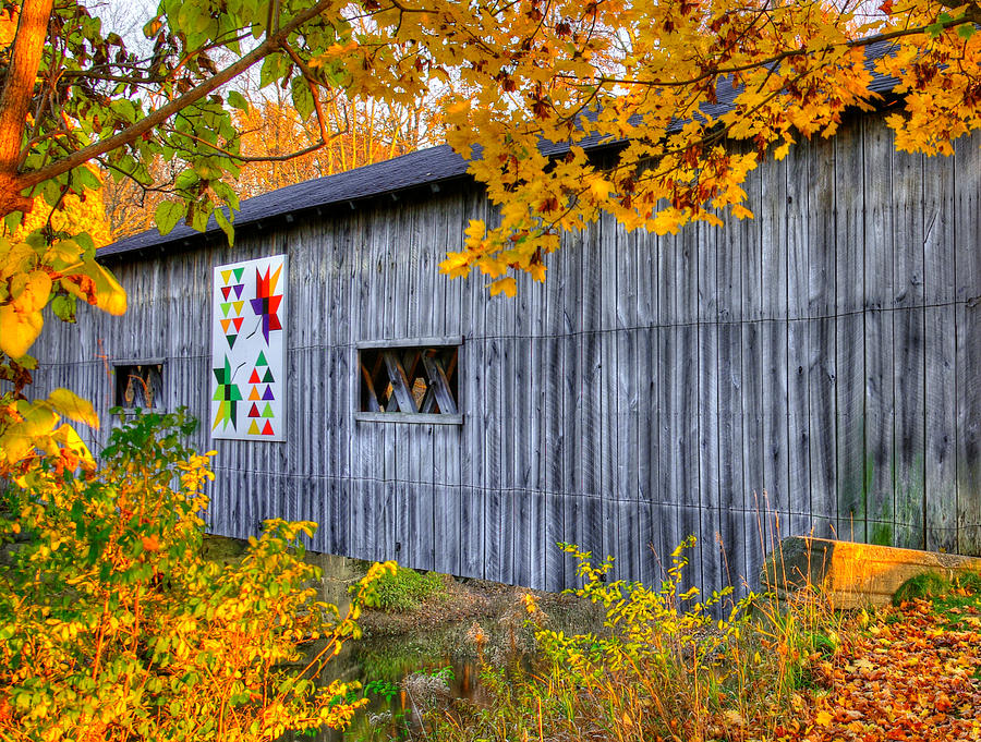 A Tale of Two Pallettes - South Denmark Road Covered Bridge and Barn Quilt - Ashtabula County, Ohio Photograph by Michael Mazaika