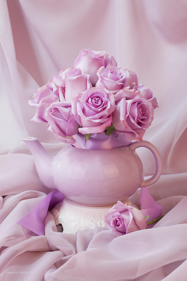 A Tea Pot Of Lavender Pink Roses  Photograph by Sandra Foster