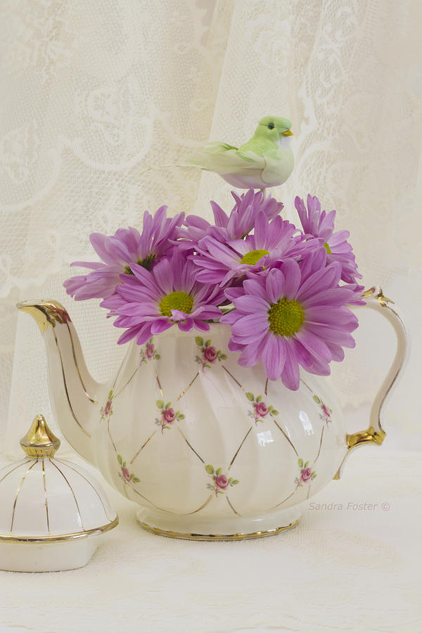 A Tea Pot Of Pink Daisies Photograph by Sandra Foster