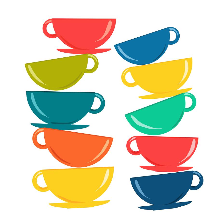 Tea Painting - A Teetering Tower Of Colorful Tea Cups by Little Bunny Sunshine