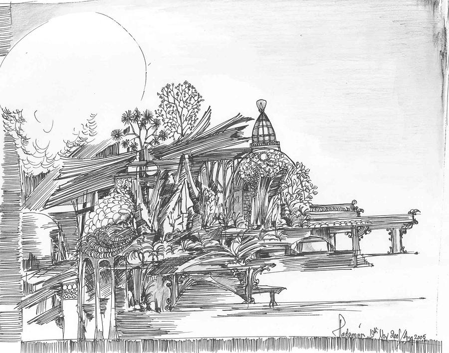 A temple a building and some trees Drawing by Padamvir Singh
